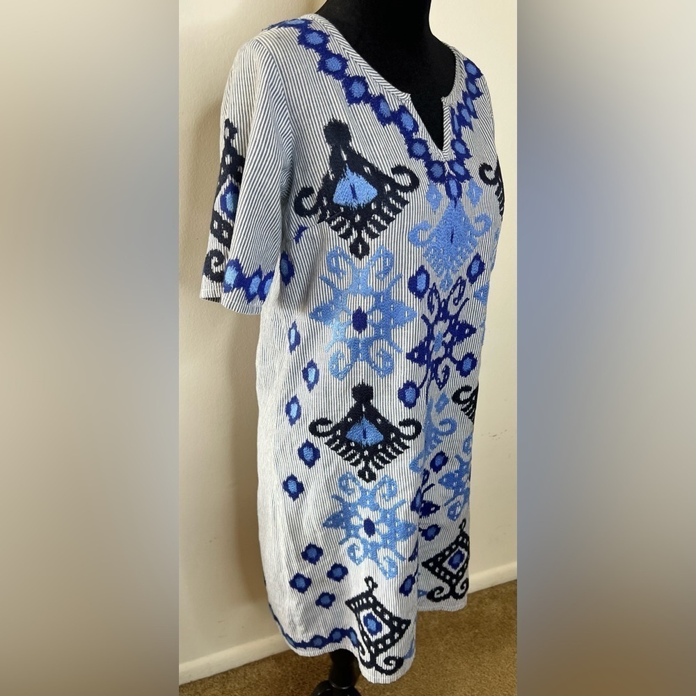 Rose and Rose preppy resort wear embroidered pinstriped tunic dress blue XS EUC - Picture 7 of 10